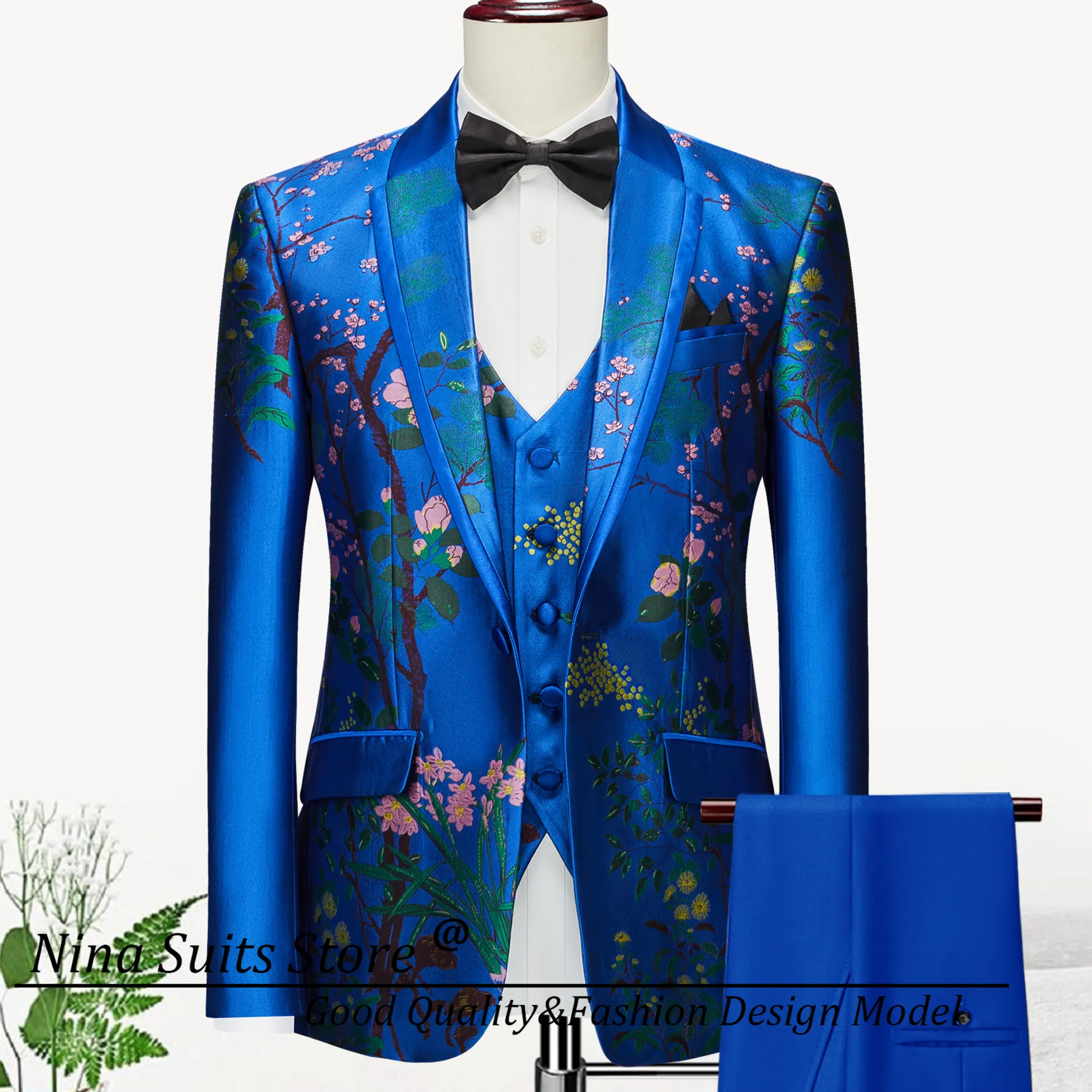 G&N Men's Black Suit Dress with Luxurious Embroidered Flowers 2026 Custom Single Breasted Patterned Jacket Vest with Blue Pants