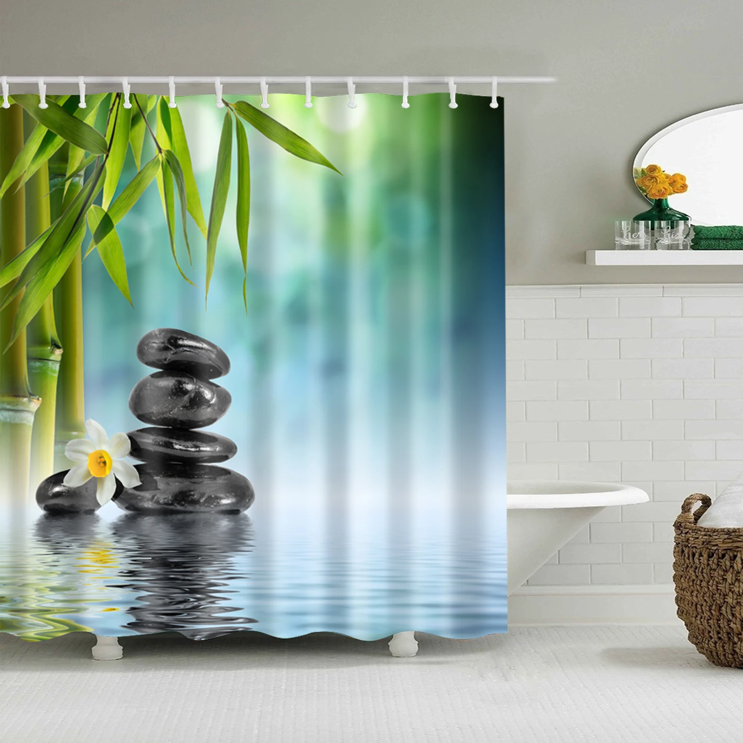 Rural Landscape Creek Stone Lotus Buddha Shower Curtain Bathroom Curtain Frabic Waterproof Polyester Bath Bathtub Screen Curtain