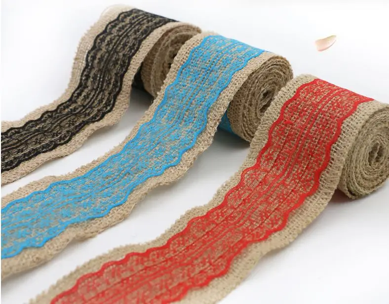 

12rolls 2m/roll Natural Jute Burlap Hessian Ribbon with Cotton Lace DIY Trim Fabric For Sewing Wedding Decoration Accessories