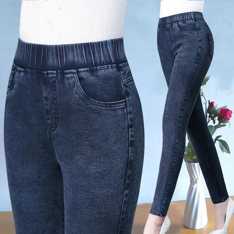 

High Wasit Big Size 34 Stretch Denim Pants Women Vintage Skinny Pencil Ankle Length Jeans Mom Leggings Vaqueros Slim Pantalone