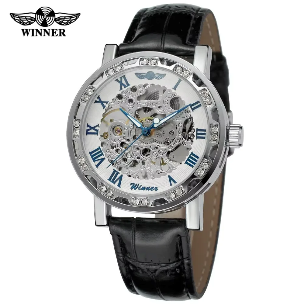 WINNER  Fashion trend men's and women's Wrist Watch With Diamonds black leather strap automatic mechanical wrist watch