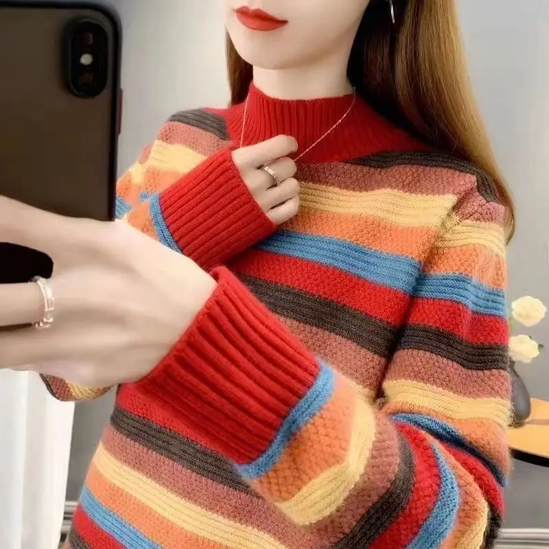 Women\'s Fashion Casual Colour Striped Sweaters Autumn Winter Female Clothing Korean All-match Half High Collar Knitted Pullovers