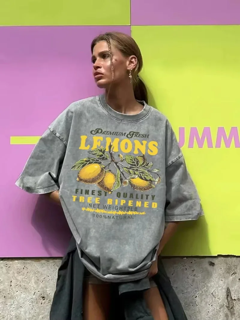 Mulheres de algodão lavagem ácida camisetas premium limões frescos impressão t angustiado oversize o-pescoço manga curta roupas femininas casuais
