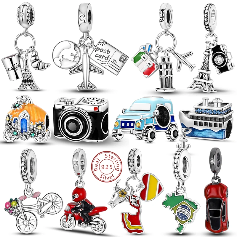 925 Sterling Silver Charm Bead Pendant Camera Tower Ship Earth Airplane Pendant Fit DIY Bracelet Necklace Women's Jewelry Gifts