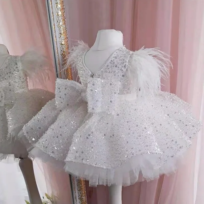 맞춤 제작 골드 플라워 걸 드레스 웨딩 반짝이는 퍼프 보우 키즈 생일 파티 첫 영성체 2025 볼 가운