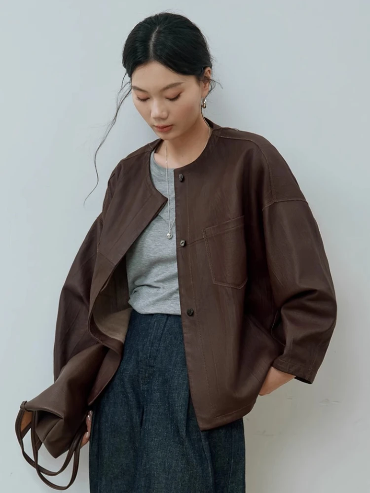 Vintage O-neck Genuine Leather Jackets for Women Spring Autumn 2025 New High-end Simple Bark Texture Short Real Sheepskin Coat