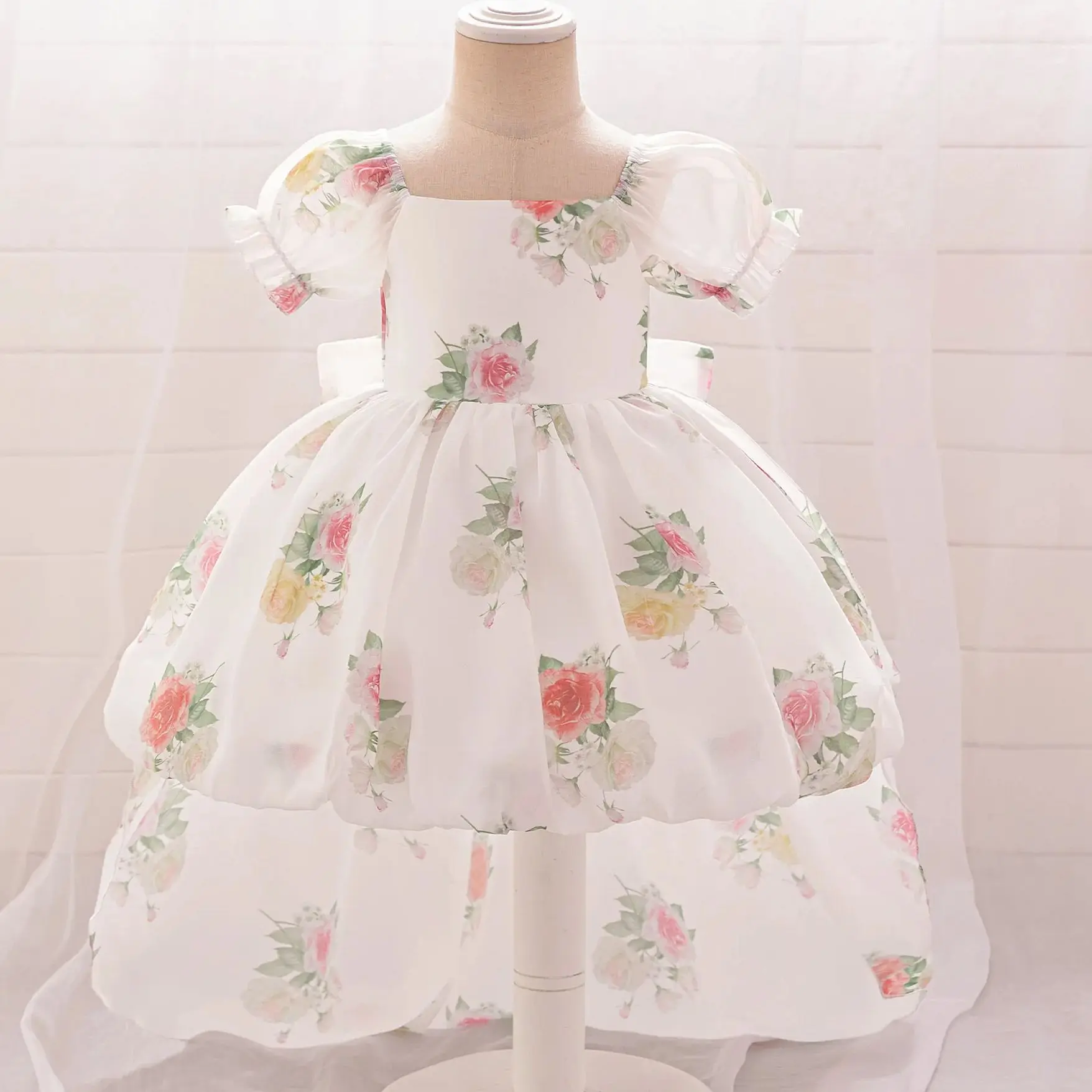 

Flower Girls' Floral Princess Dress Puff Sleeve Bow Wedding Birthday Party Gown Elegant Kids' Formal Occasion