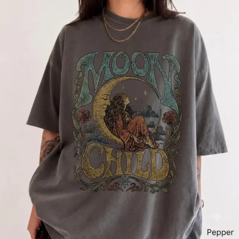 Comfort Colors Moon Child Shirt, Celestial Boho Graphic Tee, Vintage Psychedelic Moon T-Shirt, 70s Retro Hippie Tee, Mystical Bohemian Apparel