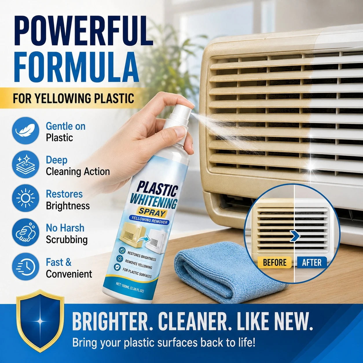 100ml All-Purpose Cleaner Deep Clean Plastic Yellow Remover & Whitening Agent for AC Bathroom & Car Headlight Restoration