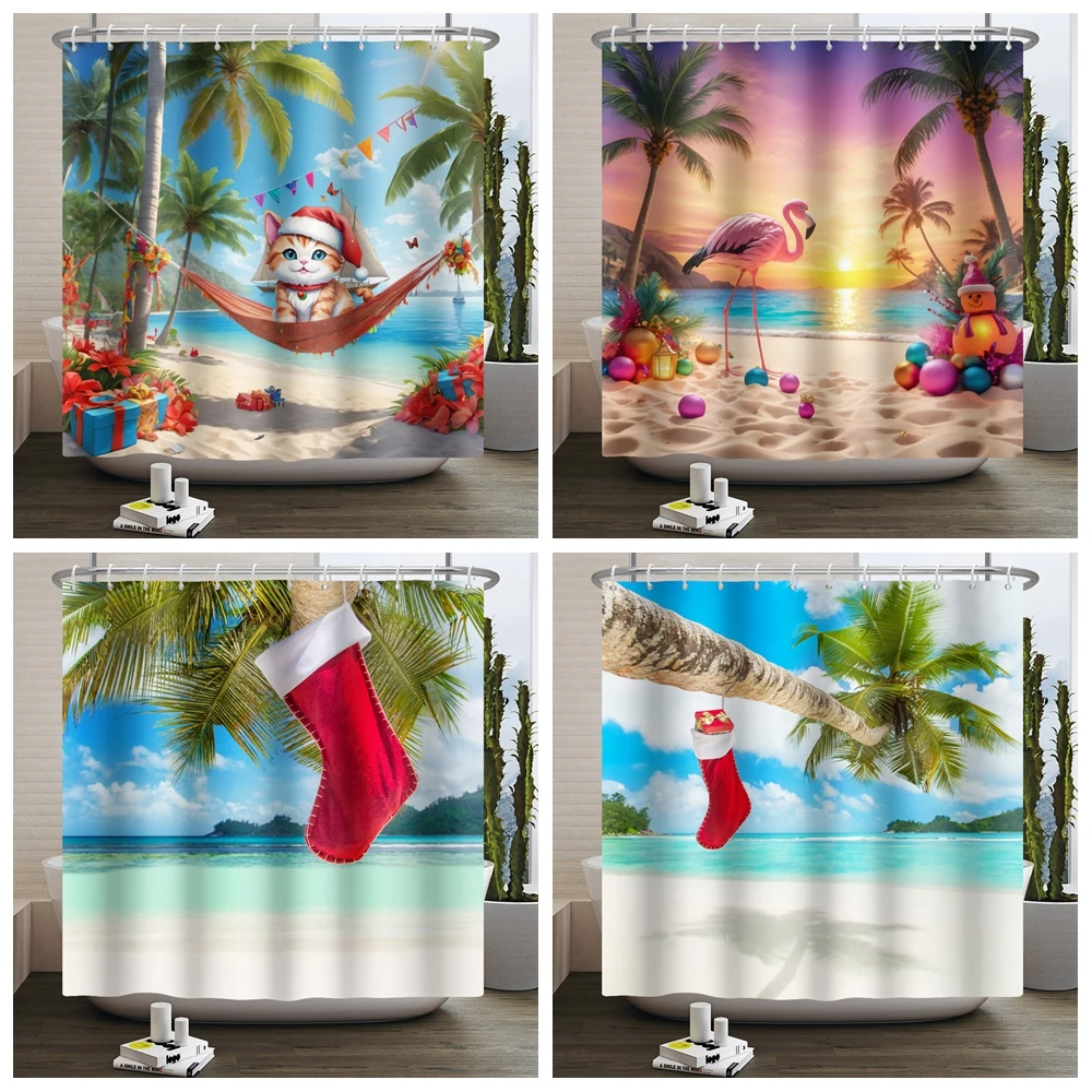 Seaside Flamingo Coconut Tree Shower Curtain Christmas New Year Red Stocking Bath Curtains Waterproof Bathtub Screen with Hooks