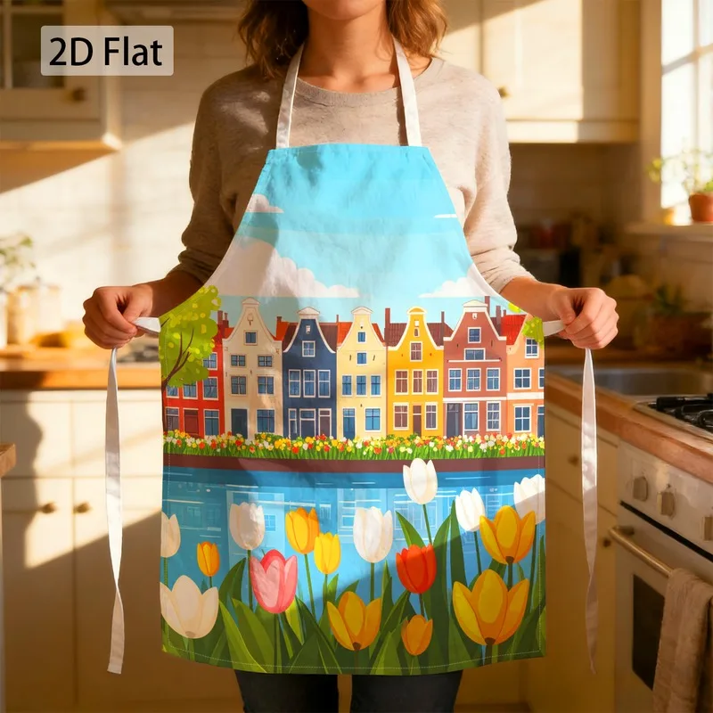 1pc Holland Tulip Apron Linen Kitchen Baking Chef Gift Tulip Print Adjustable Kitchen Apron For Women Men
