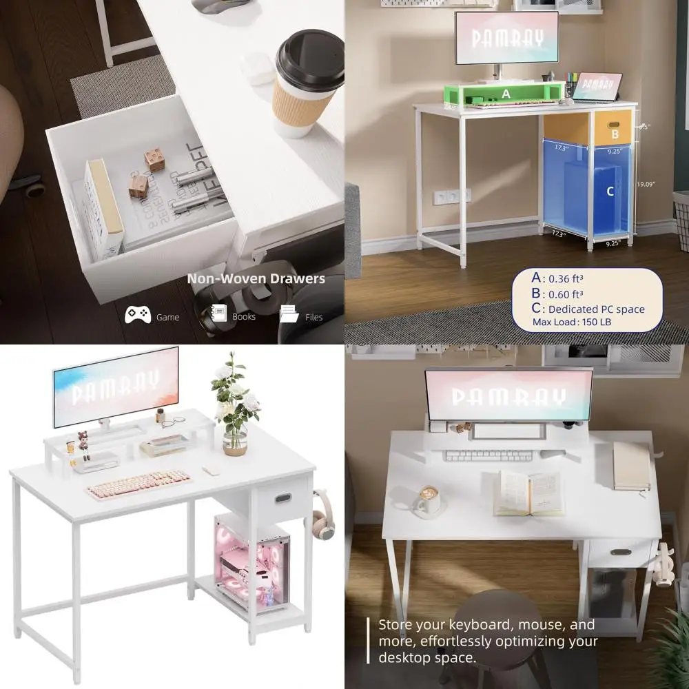 39 White Computer Desk with Monitor Stand, Storage Drawer, Ideal for Home Office and Study