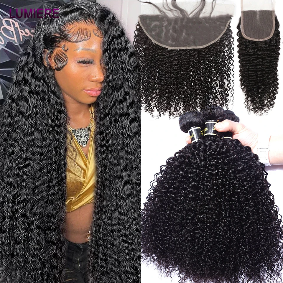 المنغولية الأفرو غريب مجعد الشعر البشري حزم مع إغلاق عميق مجعد الشعر نسج حزم مع إغلاق أمامي وصلات شعر #1