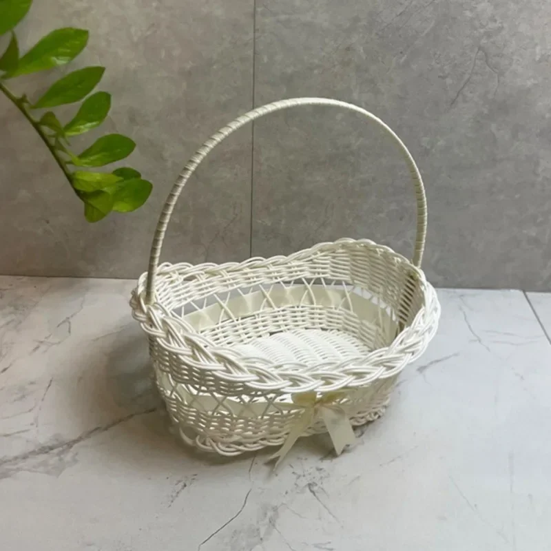 White Wicker Flower Girl Basket,Handwoven Bridal Basket with Ribbon Bow,Elegant Wedding Ceremony Basket for Petals,Gifts & Decor