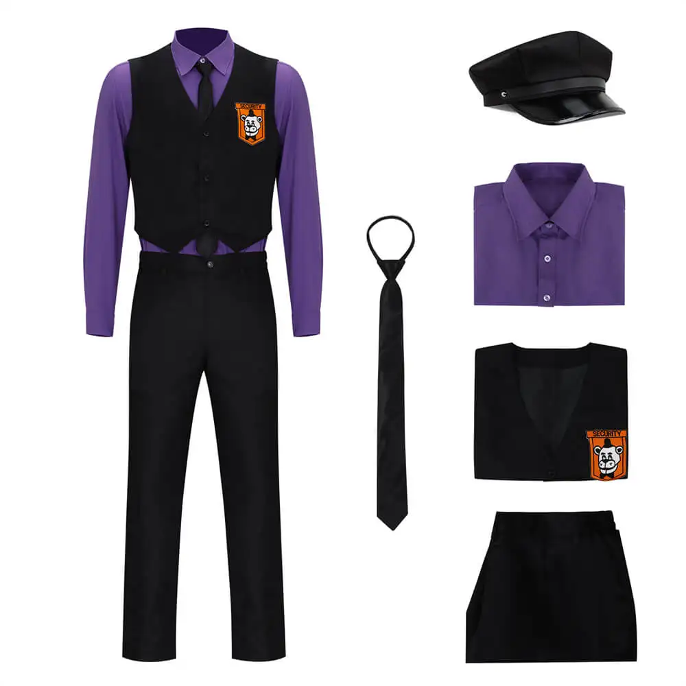 Purple Guy William Afton Cosplay Costume Fnaf Five Nights Movie Hat Shirt Vest Pants