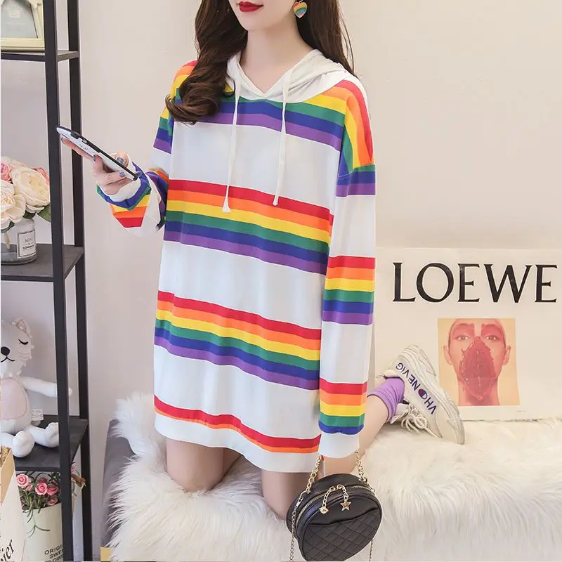 Womens Hoodies Rainbow Striped Long-sleeved T-shirt Spring Autumn New Loose Thin Casual Oversized Hooded Sweatshirt Women Tops