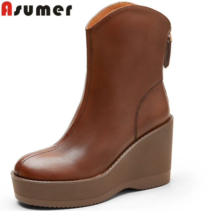 

ASUMER 2024 New Zipper Wedges High Heels Platform Shoes Genuine Leather Boots Woman Spring Autumn Ladies Ankle Boots