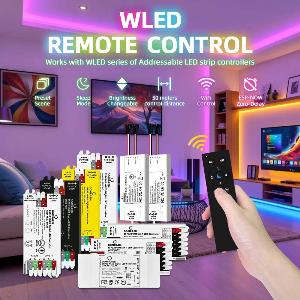 DOMRAEM WLED WiFi Remote - ESP-NOW 30M Range, Low-Power, 4-Scene Memory, App-Free RGB IC Control for Addressable Strips Control