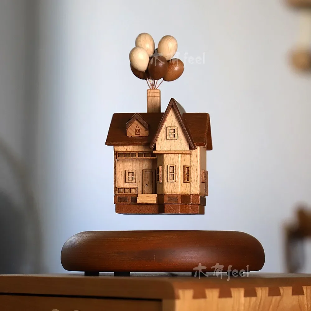 Maglev flying house ring travel ornament real wood creative balloon wooden house office desktop gift