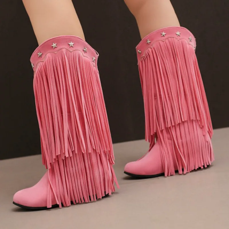 

Plus Size Frosted Suede Material Inlaid With Five Pointed Star Tassel Fine Strap Classic Retro Midsole Boots Flat Bottomed Boots