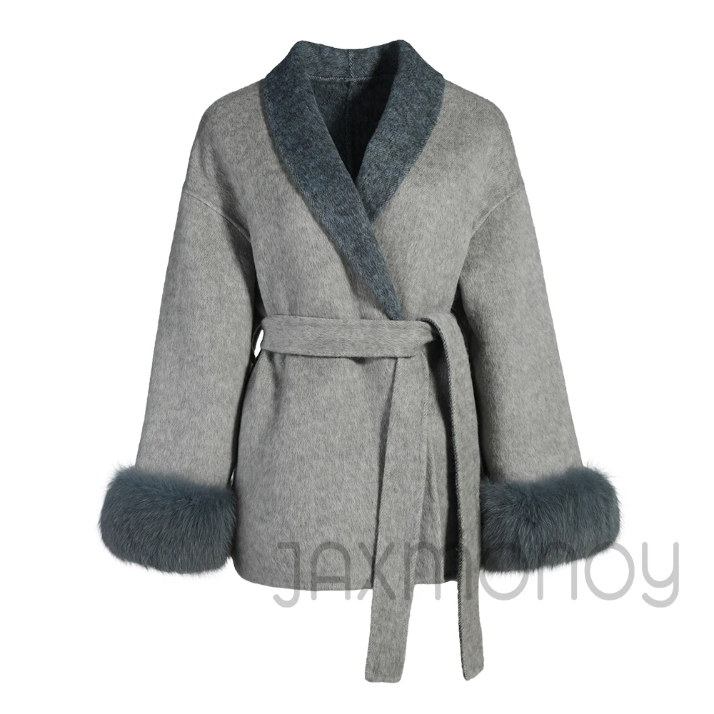 

Jaxmonoy 2025 Women Winter Coat 100% Real Fox Fur Cuffs Cashmere Wool Coats Fashion Two Colors Woolen Jacket Belt Slim Outerwear
