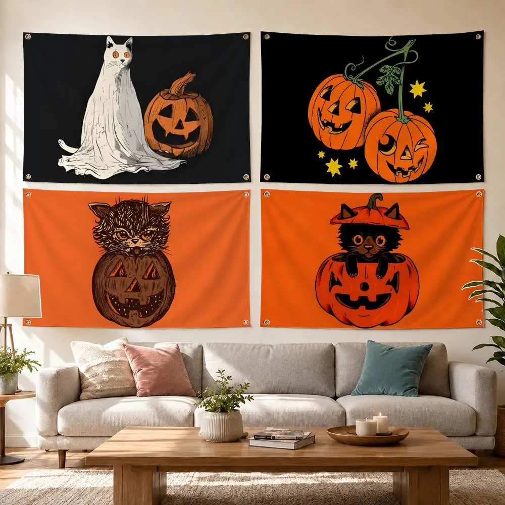 Halloween Quirky Black Cat Pumpkin Characters Flags Outdoor Decor Flaga Decorative Home Objects Barber Shop Decoration Garage