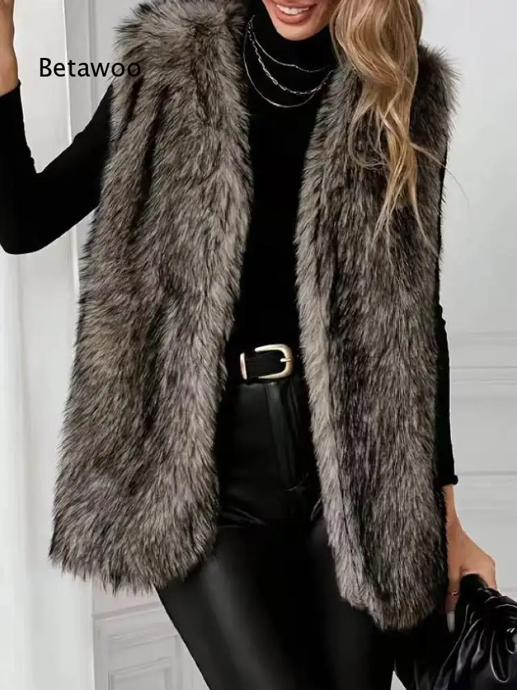 Open Front Faux Fur Long Vest For Women Thick Plush Sleeveless Waistcoat For Winter Daily Night And Casual Styling Matching