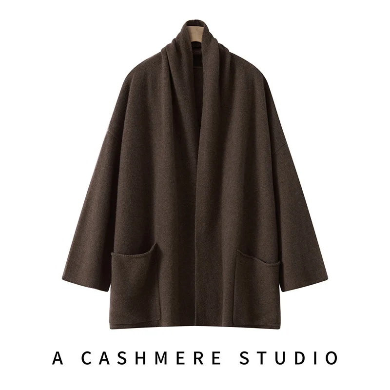 

High-Quality Cashmere Knitted V-neck Cardigan Winter Warm Loose Sweater Fashion Outdoor Plain Buttonless Scarf Cardigan Women