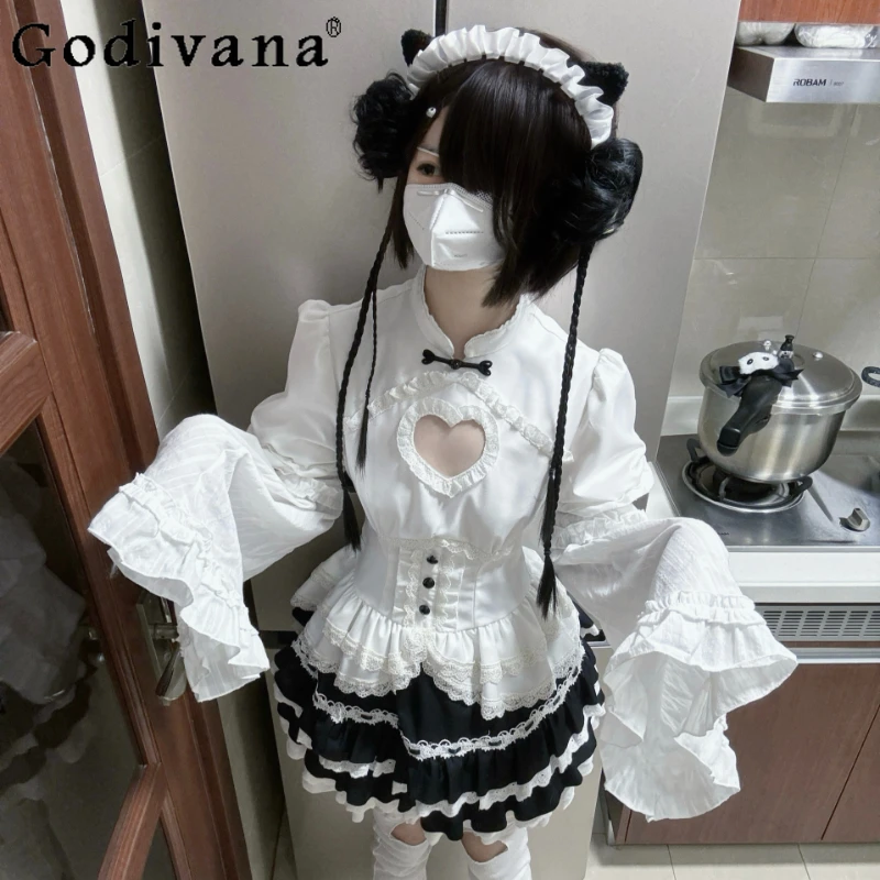 Japanese Original Design Cos Maid Costume Skirt Sets Autumn Women Slim-Fit Kawaii Y2k Two O-Piece Suit Bow Ruffles Black Apron