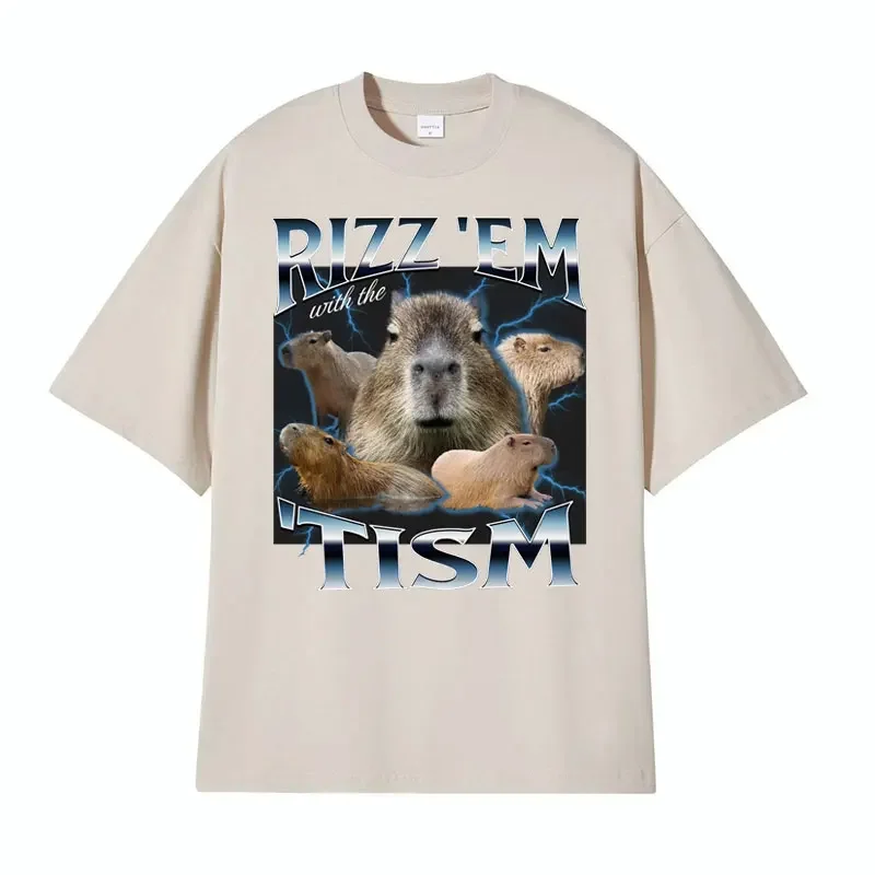 Rizz Em with The Tism Retro T Shirt Funny Cute Kawaii Capybara Meme T-shirt Men\'s Women Casual Fashion Humor Short Sleeve Tshirt