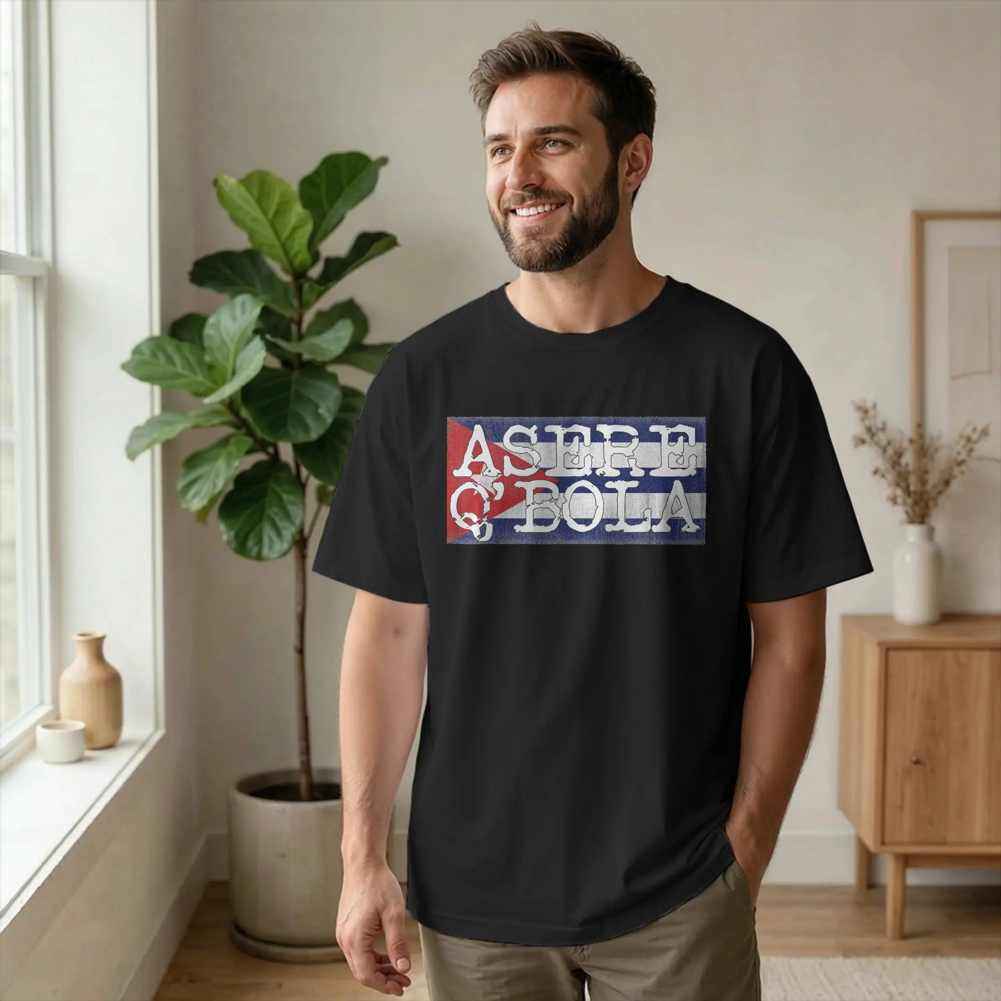 Men Funny Cuban Greeting Asere Que Bola T Shirt Flag Pure Cotton Clothing Vintage Short Sleeve Round Neck Tees Plus Size T-Shirt