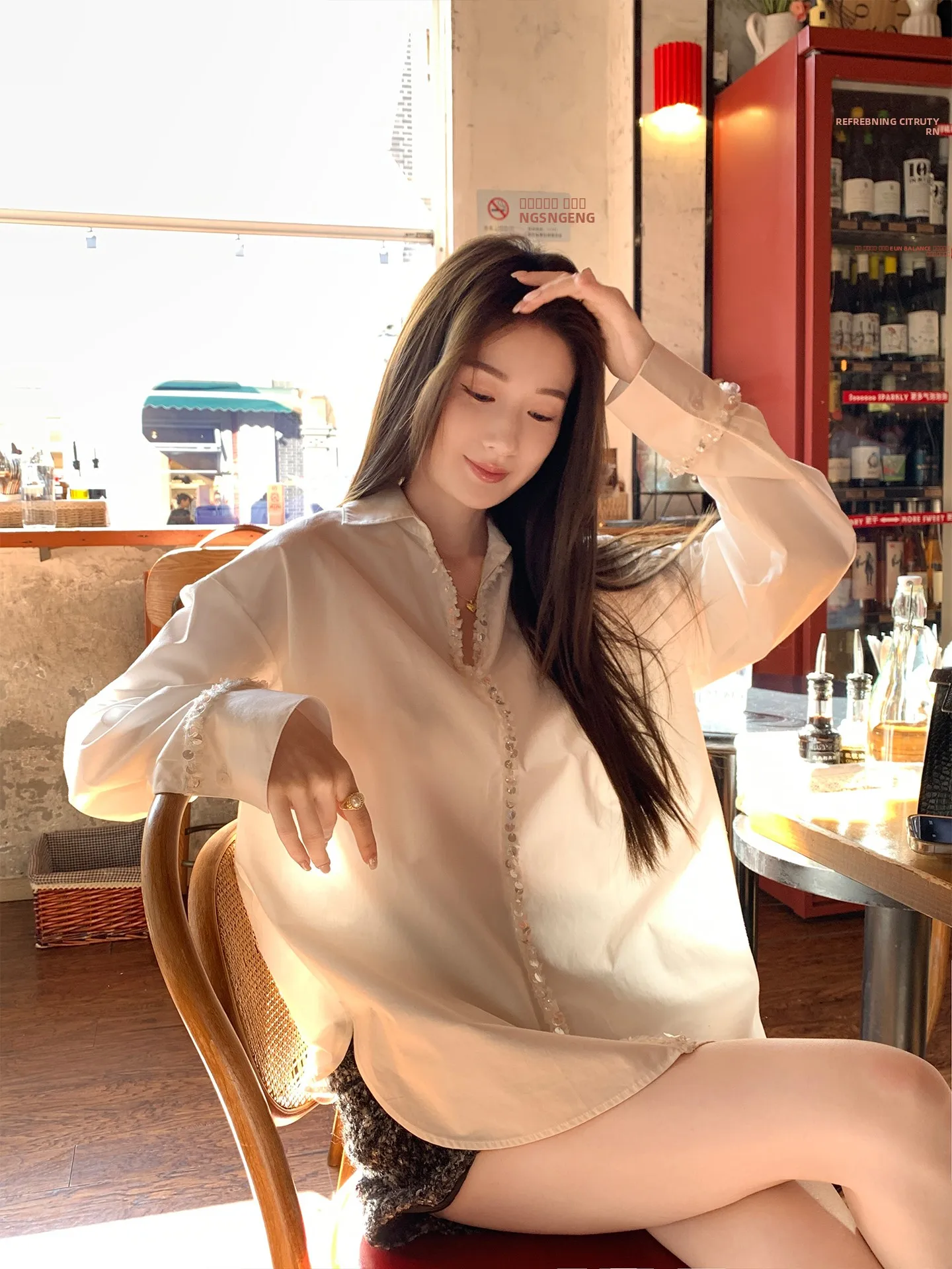 

Aboutpoem Pure Cotton Flannel irt Pearl Bead Trim Decorated Loose Long Sve Turn-down Collar Women's Winter Casual Top