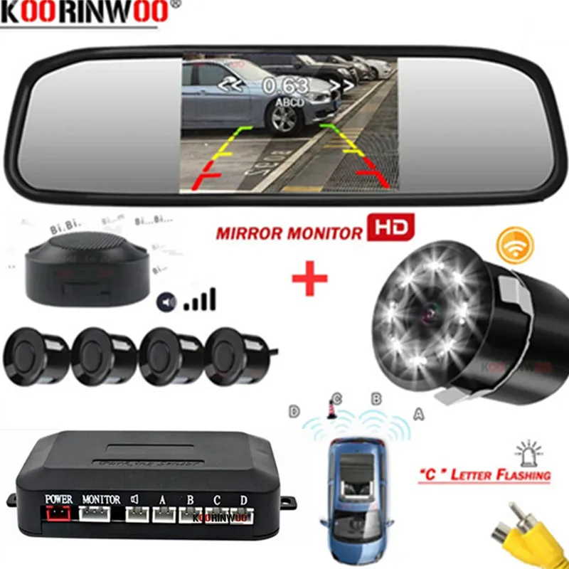 Koorinwoo Car Video Parking Sensor Kit Reverse Radar Detector Adjustable Auto Backup Camera Support Mirror System Video Input