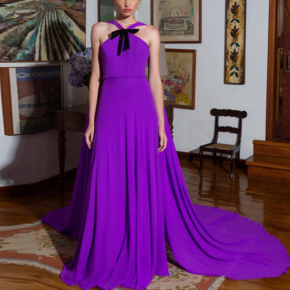 

Elegant Straight Halter Bow Pleats Watteau Train Sleeveless Evening Dress Chiffon Purple Backless Vestido De Noche Saudi Arabia