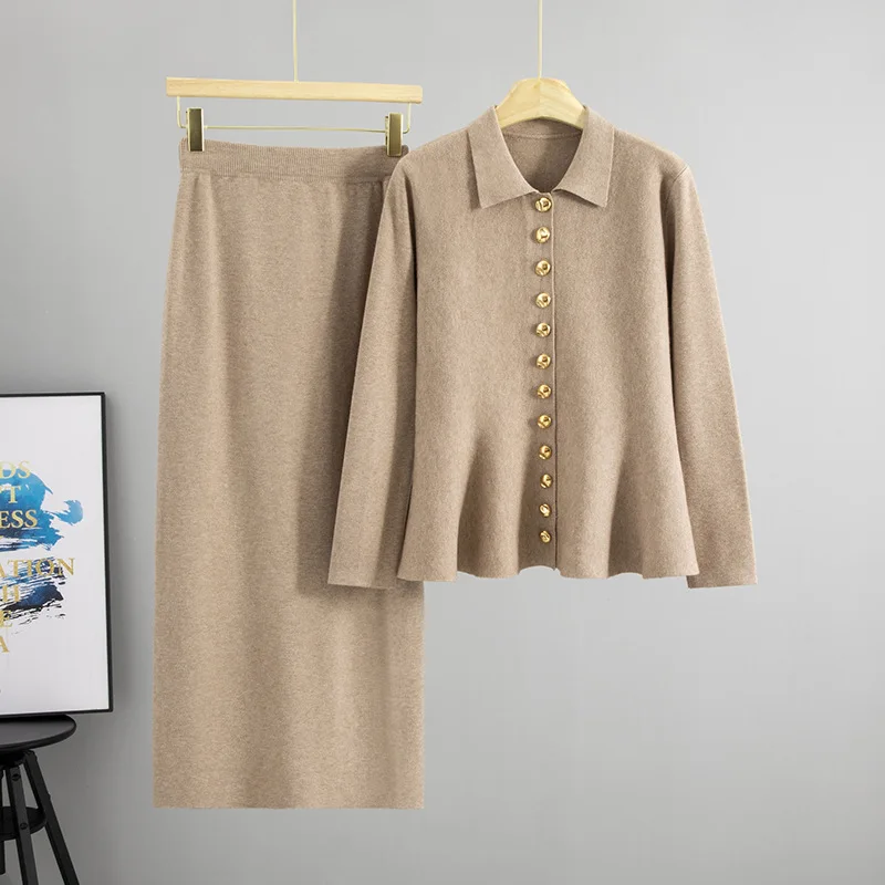 Damen Strick Zweiteiler Set Rock-Set Langarm Knopf-Pullover Lange Röcke Gerade Einfarbig Figurbetont Büro-Damen Herbst Winter