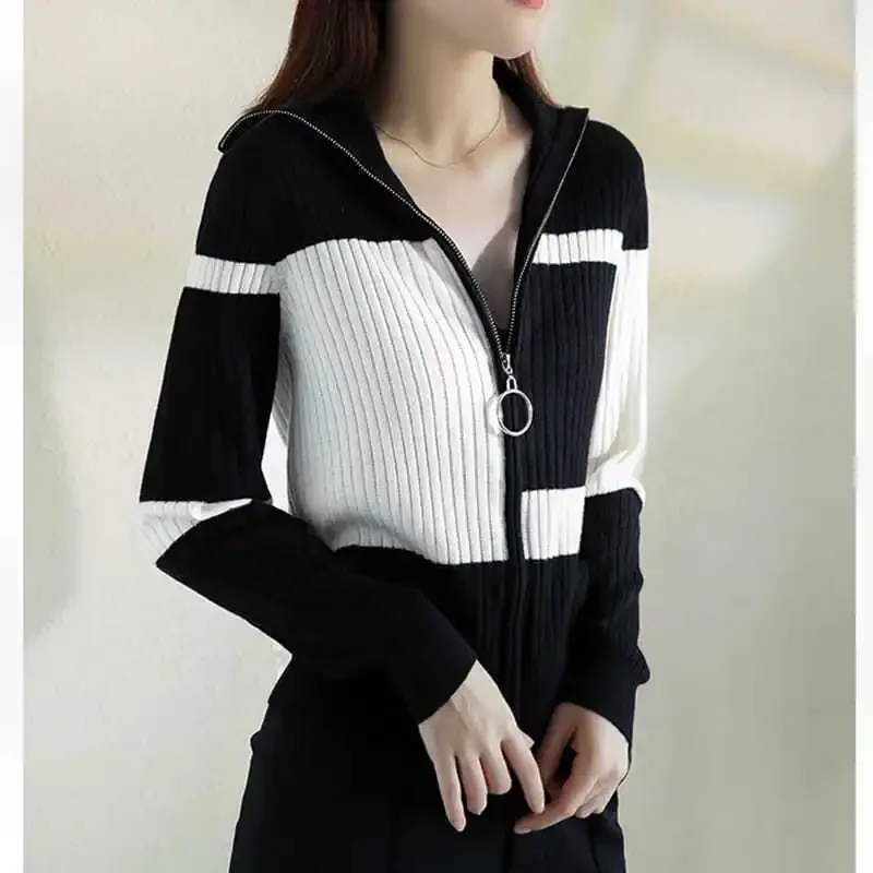 Knitted Zippered Cardigan Jacket Sweater for Women 2024 Spring Autumn Striped Slimming Appear Thin Contrast Colors Versatile Top