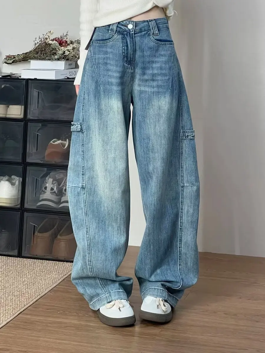 Amerykańskie retro szerokie jeansy robocze damskie luźne z wysokim stanem proste nogawki długie spodnie wiosna jesień duży rozmiar designerskie...