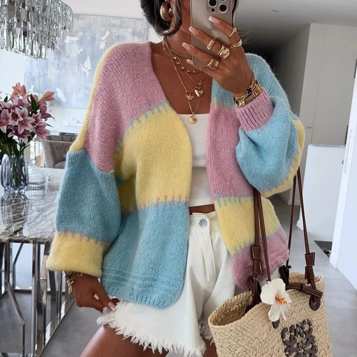 

Color Block Patchwork Cardigan For Women 2025 Autumn Winter Fashion Loose Knitted Sweater Coat