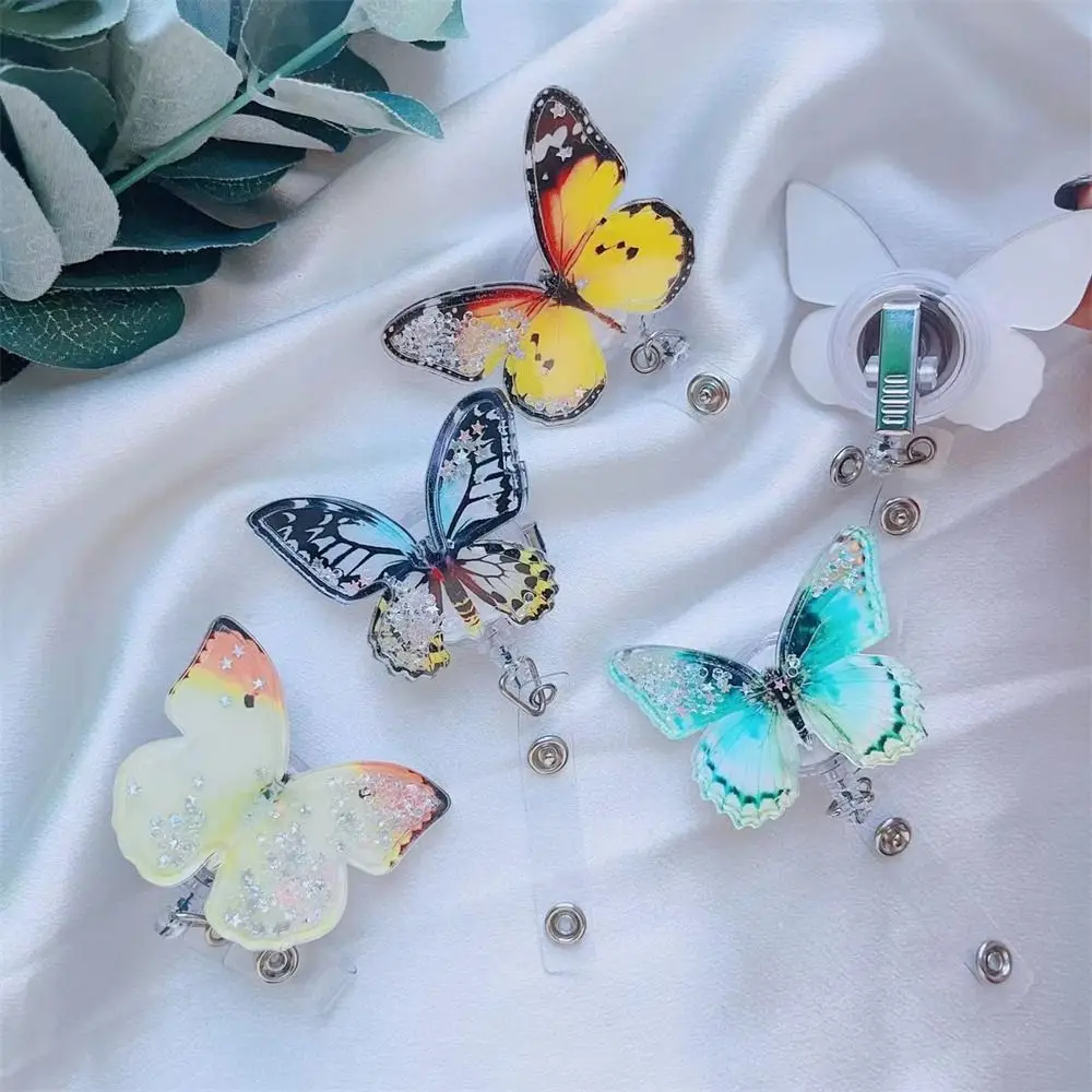 360 Rotate Butterfly Badge Holder ID Card Clip Exhibition Enfermera Easy Pull Buckle Chest Card Quicksand Bead