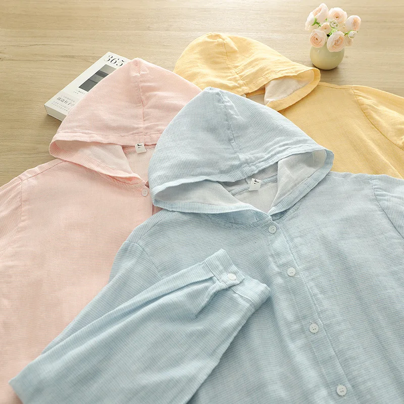 

100% Cotton yarn plaid hoodies sweatshirt for women autumn Japanese style yellow pink blue check hooded shirts and blouses