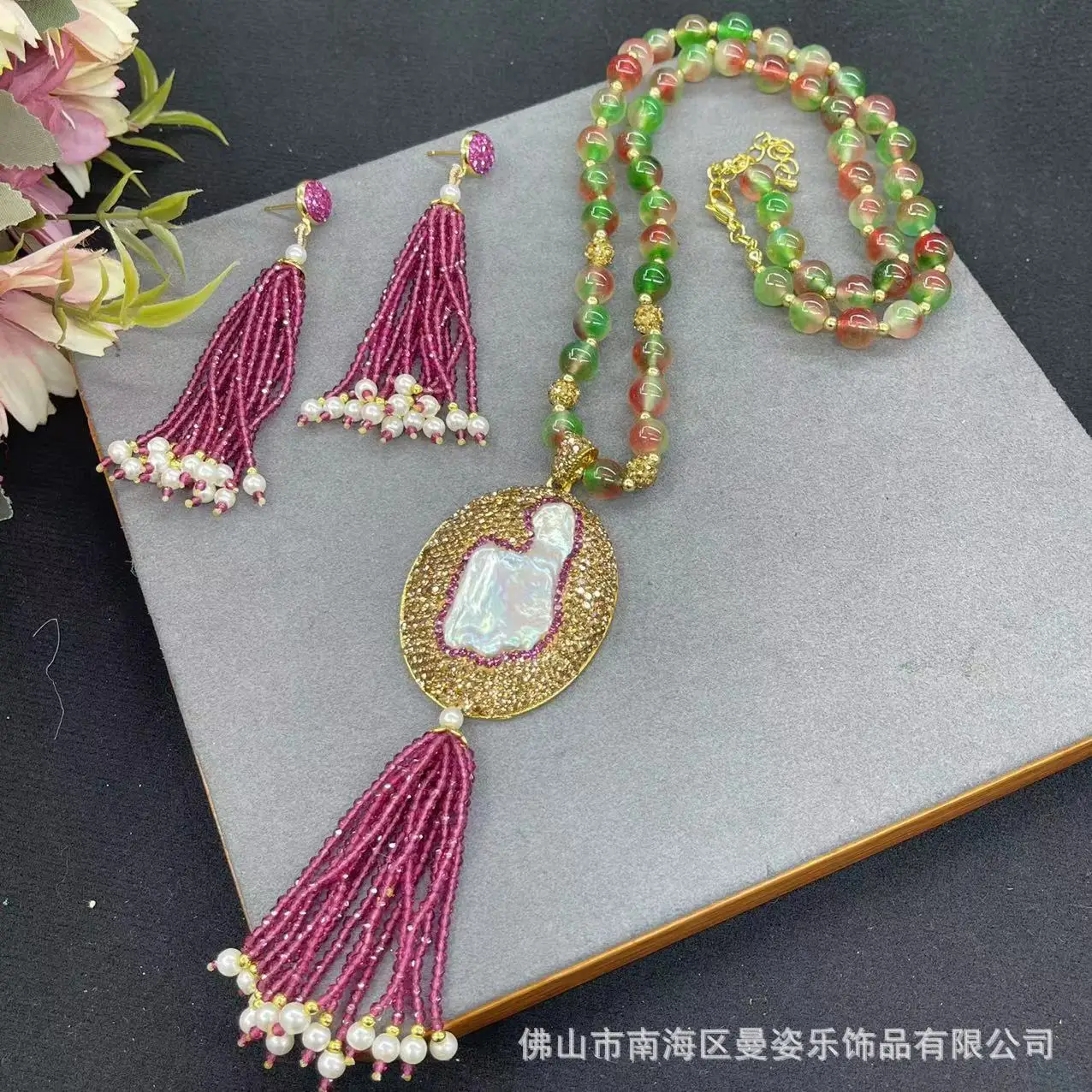 

New natural baroque inlaid rose ruby jewelry two-piece set Chinese original design vintage wholesale pendant earrings ring