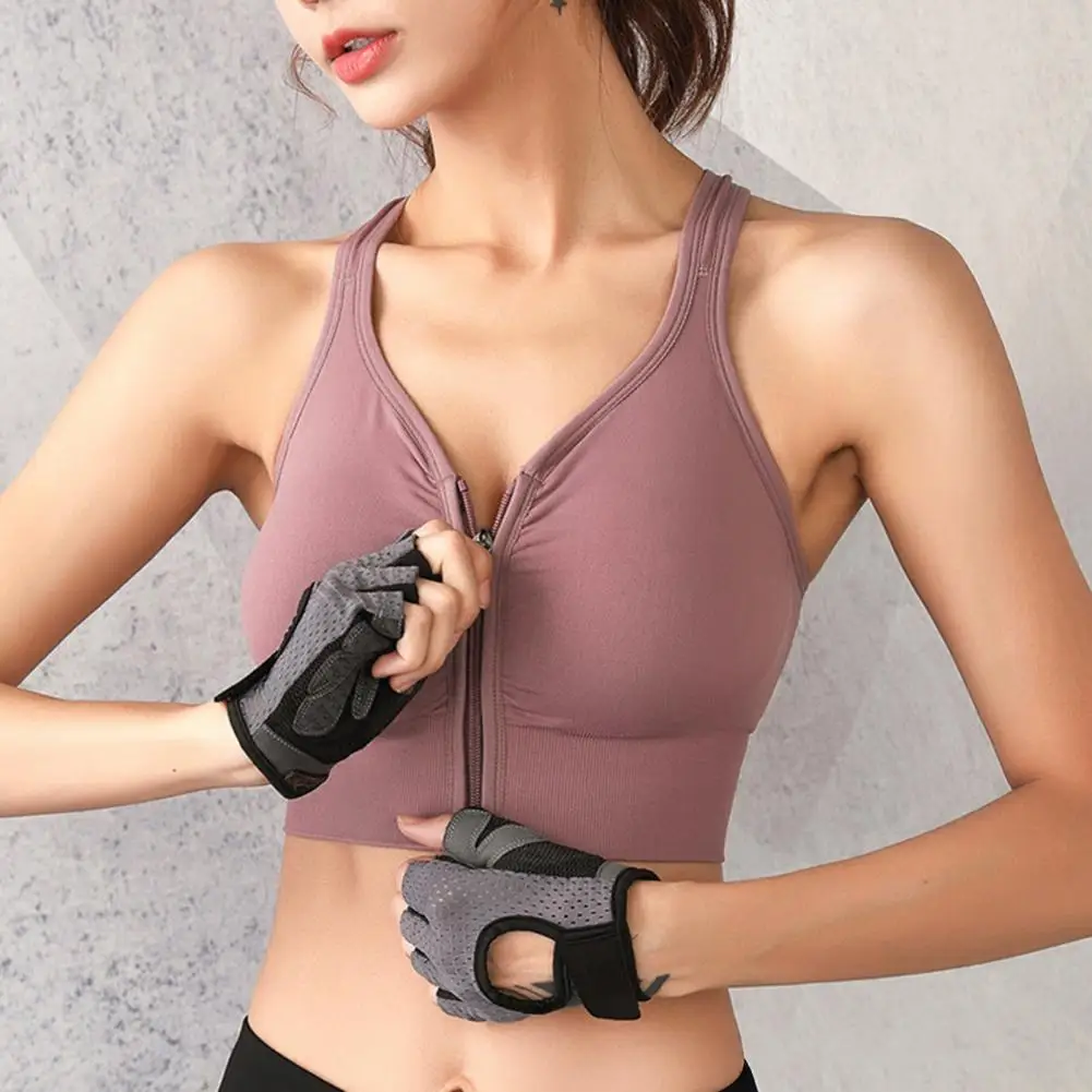 Casual Zip Front Sports Bra Wireless Padded Post-Surgery Bralettes No Underwire Racerback Active Yoga Bra