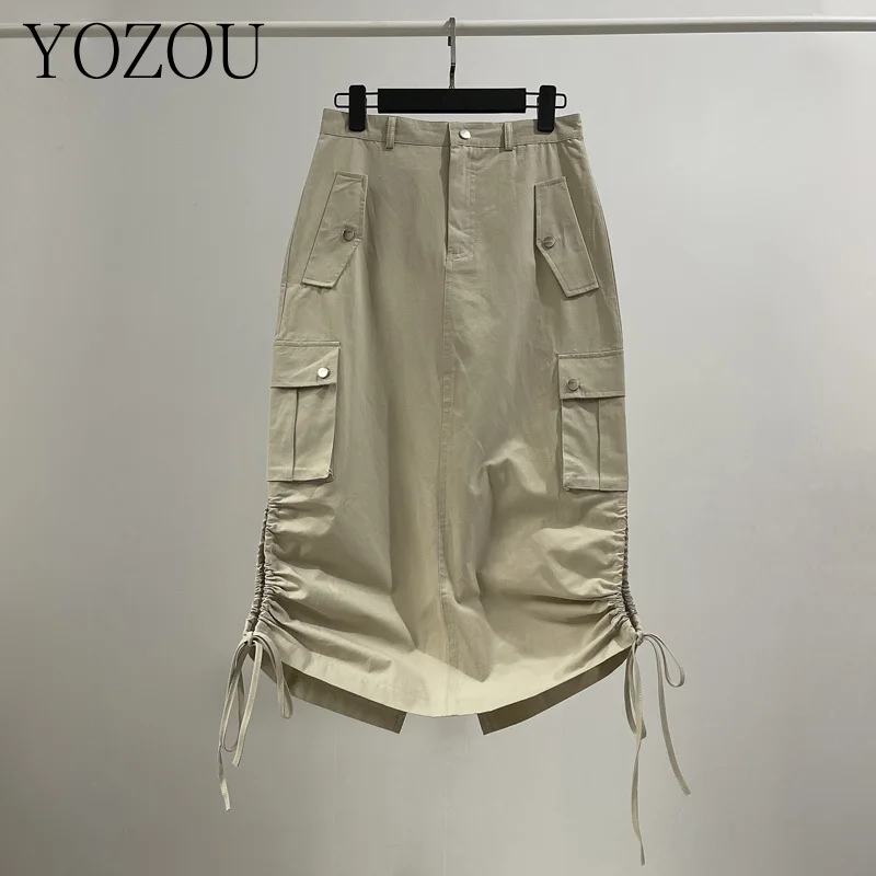 [YOZOU] 100% cotone Vintage coulisse Cargo Maxi gonna con tasche fessura posteriore donna Beige nero grigio coreano High Streetwear