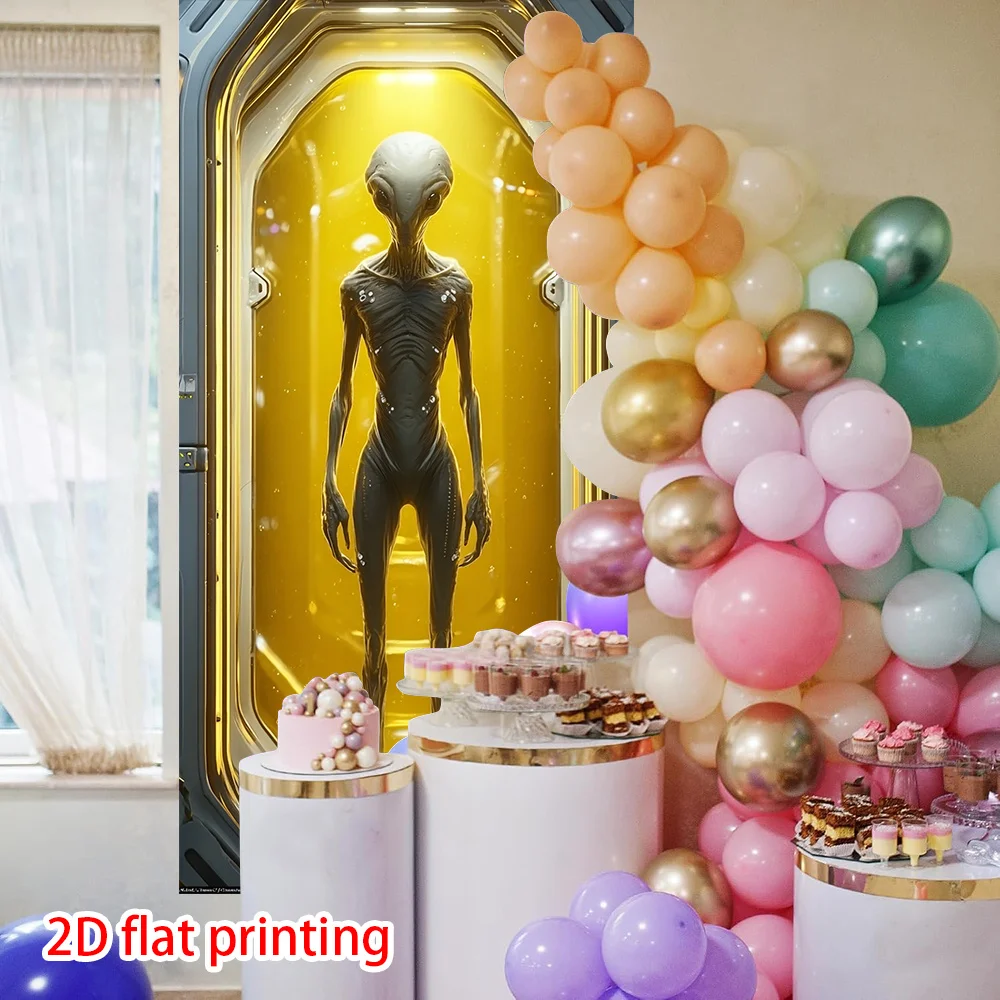 2D-Bildschirm, 2D-Vorhang, 1 Vorhang mit außerirdischen Raumschiffen – Sci-Fi-Raumschiffkorridor mit Paneelen und außerirdischen Charakteren – Detail 4