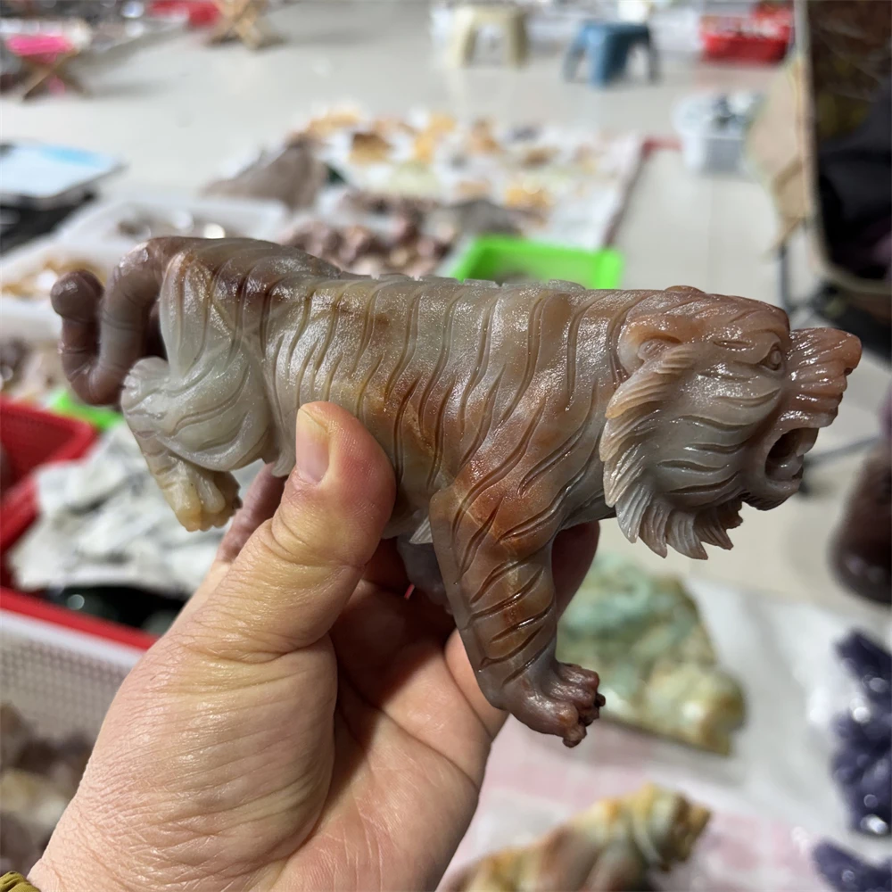 Natural Quartz Amazonite Tiger Carving Reiki Healing Stone Fengshui Room Decor Holiday Craft Gift