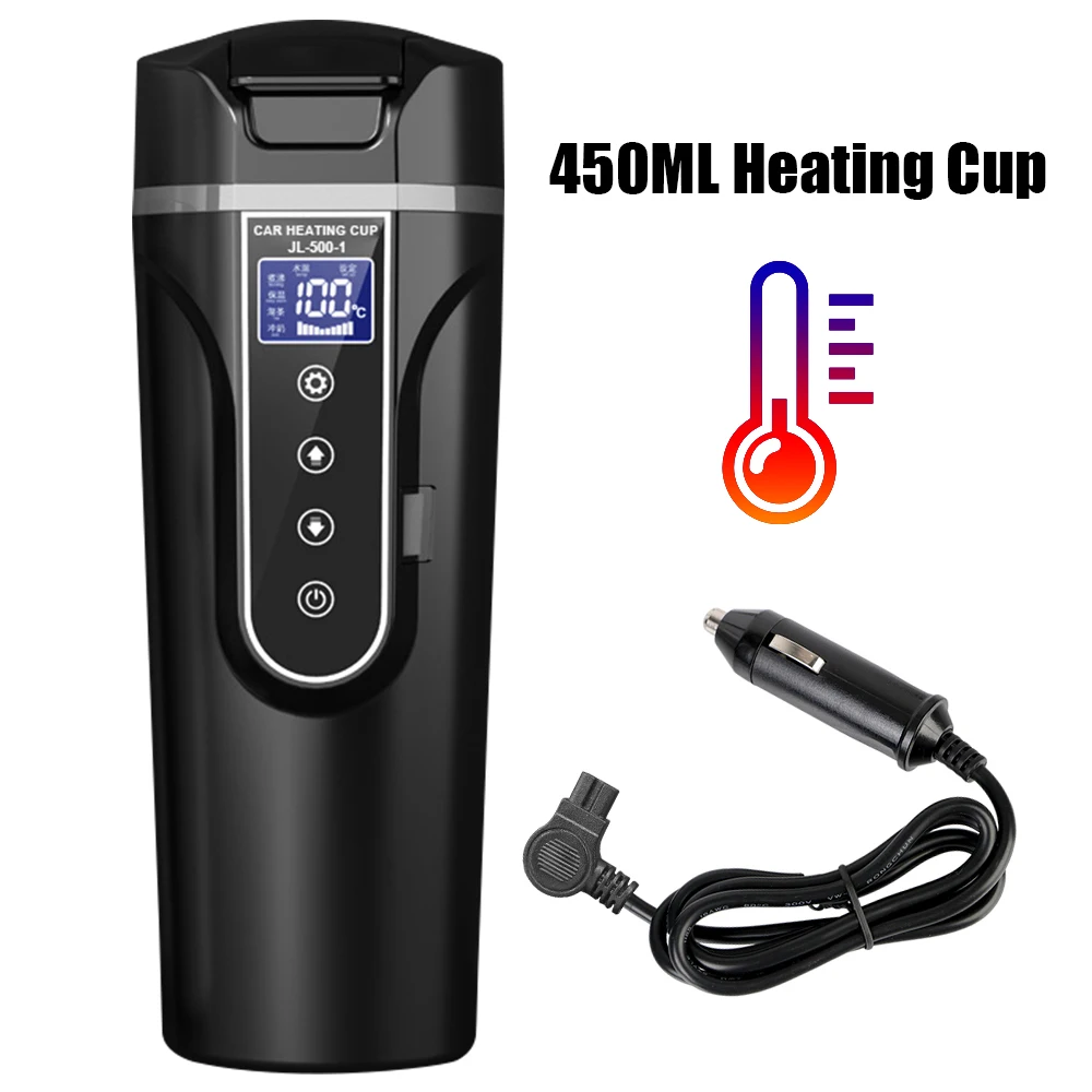 Heat Preservation LCD Display Electric Kettle Water Warmer Bottle Portable Car Heating Cup 12V/24V Stainless Steel 450ML