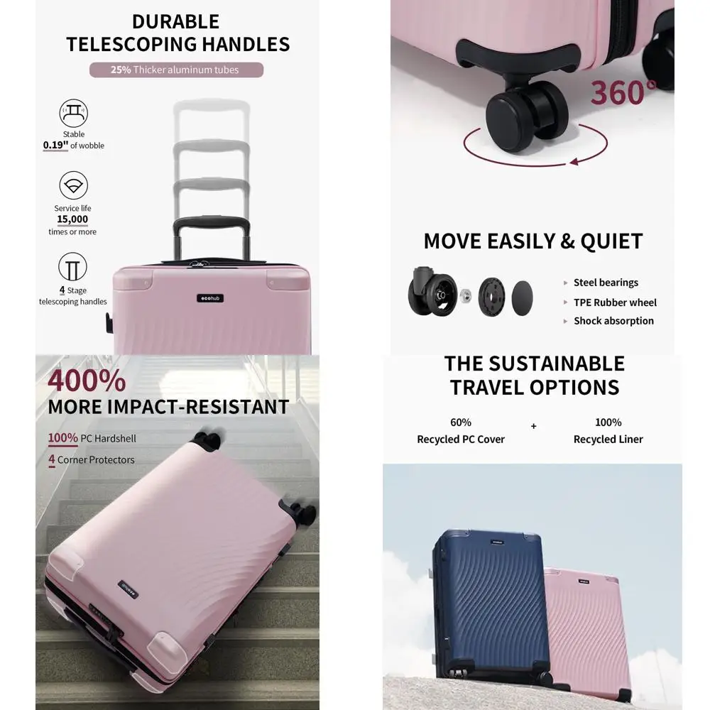 24 Recycled PC Expandable Carry-On Luggage with Spinner Wheels, TSA Lock, Lightweight Hardshell Suitcase, Pink