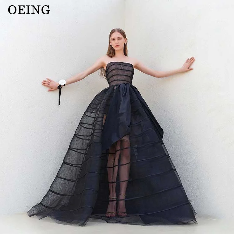 OEING Sexy Strapless Black A Line Evening Dresses Simple Lines Long Sleeves Illusion Floor Length Prom Gowns Formal Party Gala