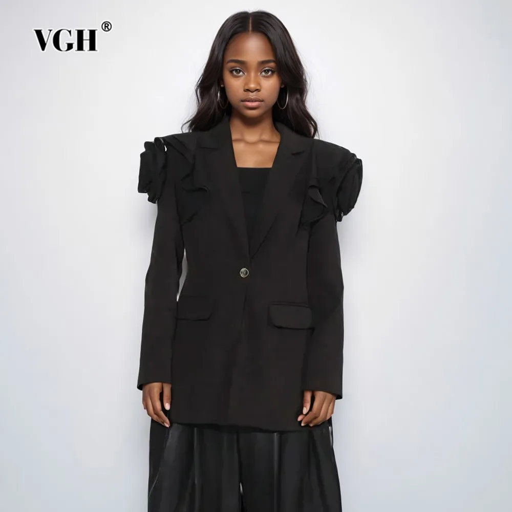 

VGH Patchwork Appliques Solid Blazer For Women Notched Collar Long Sleeve Temperament Slimming Blazers Female Fashion Style New