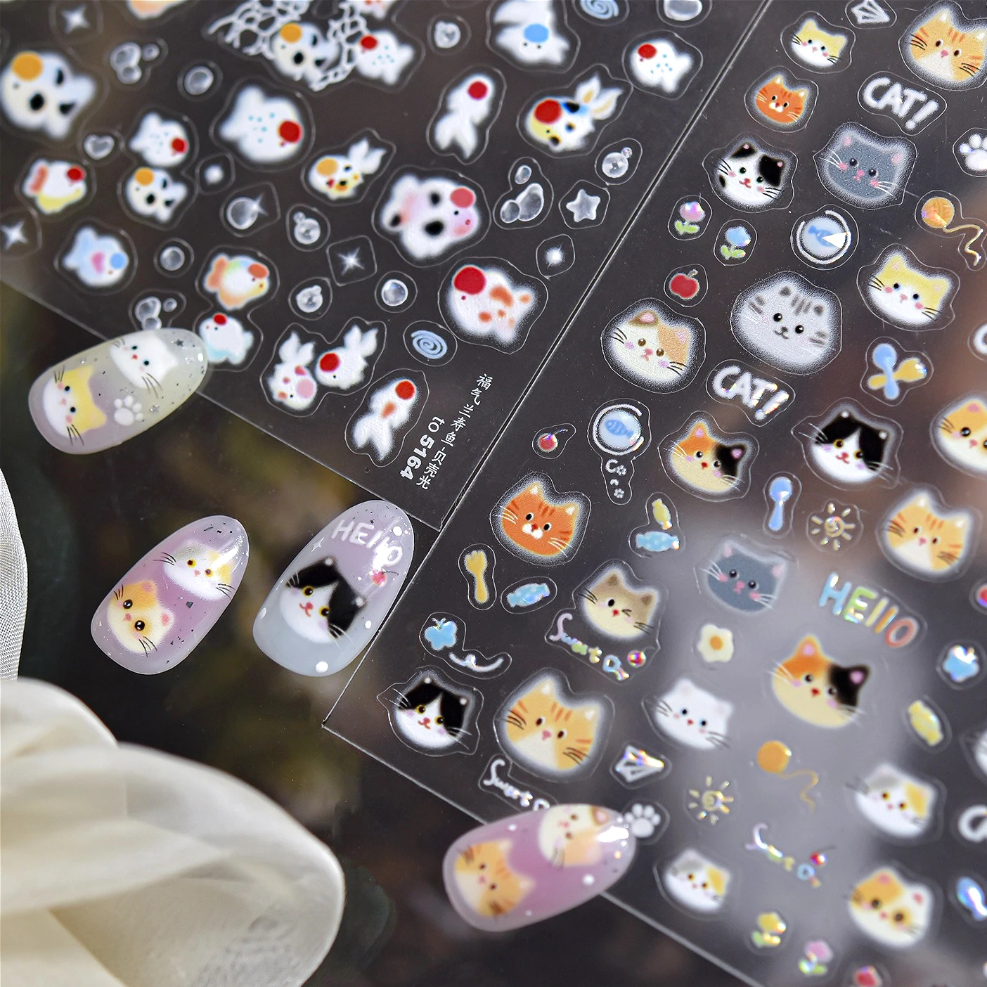 

Cute Ranchu Fish Halo Dyeing Cat Kitten Candy Flower Cherry Apple Knitting Wool Ball Adhesive Nail Art Stickers Manicure Decals